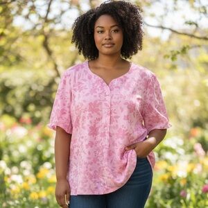 Denim And Company Blouse Pink Sheer Floral Extra Large
